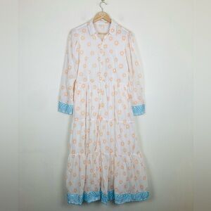 Marea flounce shirtdress in “natural starburst” colorway white orange & blue. L